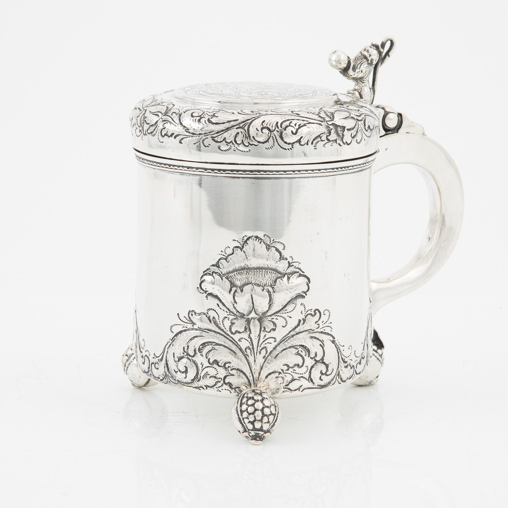 Stop samt konfektskål, silver, barockstil, fantasistämplar, omkring 1900.