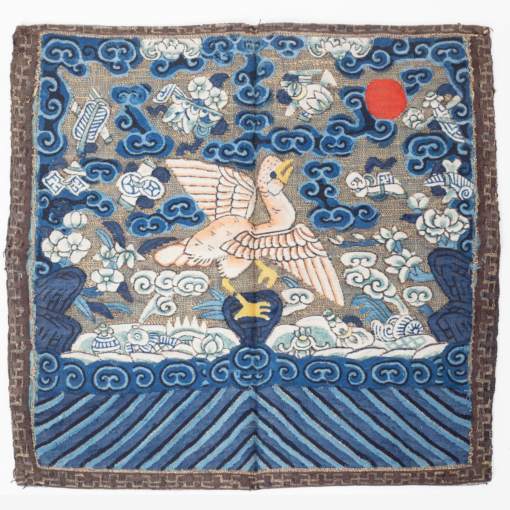 Two kesi silk and metal thread insignias/buzi, Qing dynasty, 19th century.