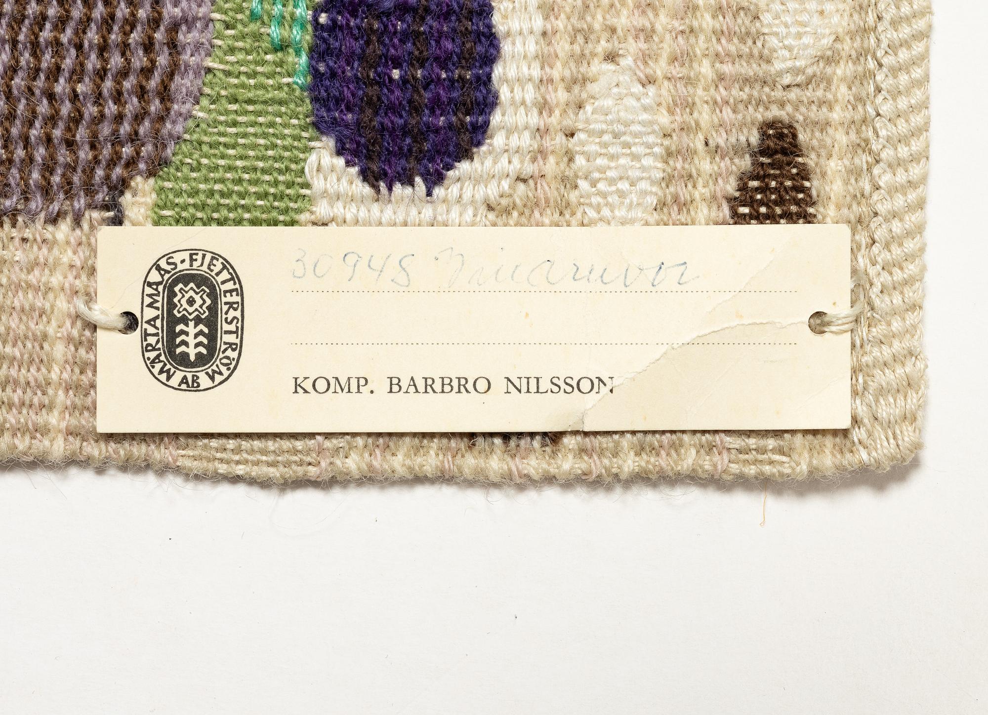 Barbro Sprinchorn, a tapestry, 'Vindruvor', tapestry variant, signed S, AB MMF, c. 36 x 36 cm.