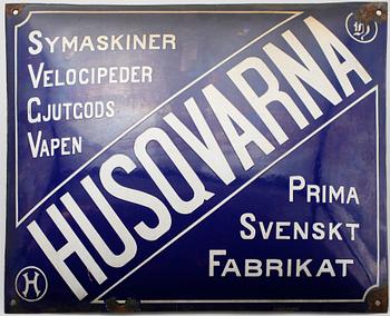 REKLAMSKYLT, emalj, Husqvarna, tidigt 1900-tal.