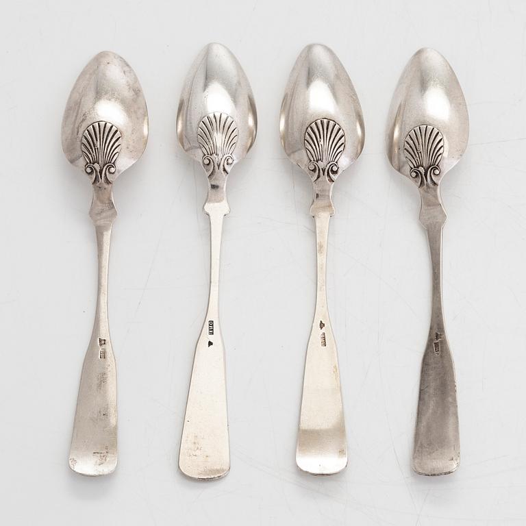 Eighteen 19th-Century silver shell motif spoons, and sprinkle spoon, Turku and Naantali, Finland 1835-1874.