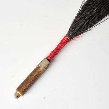 Two boxes with a mandarin's summer hat and black satin autumn hat and feather with six mandarin hat insignias.