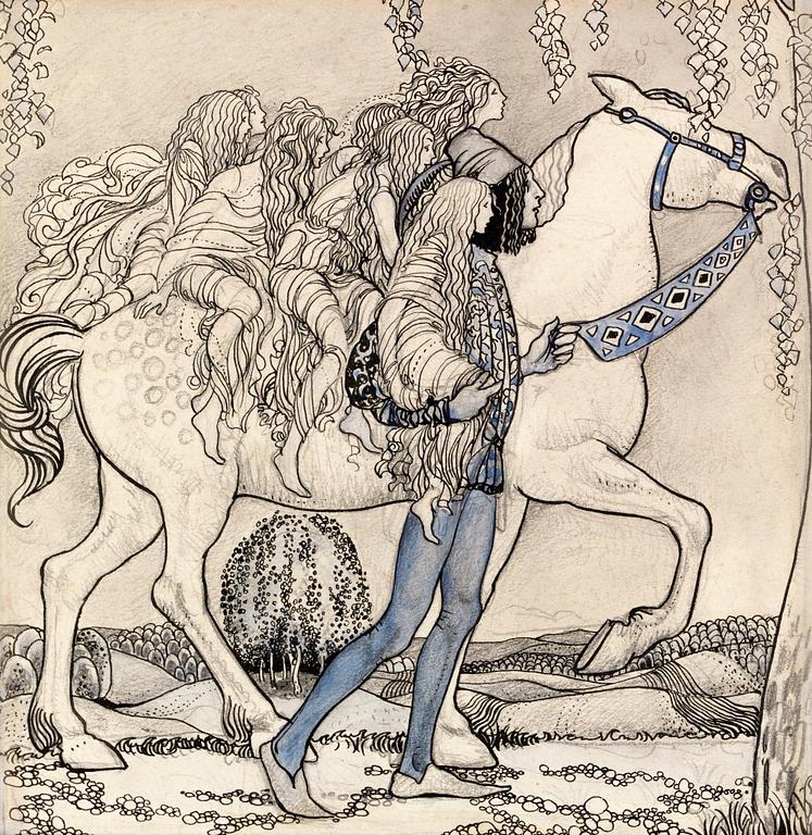 John Bauer, "Hästen ledde han vid betslet och på det viset färdades de genom skogen".