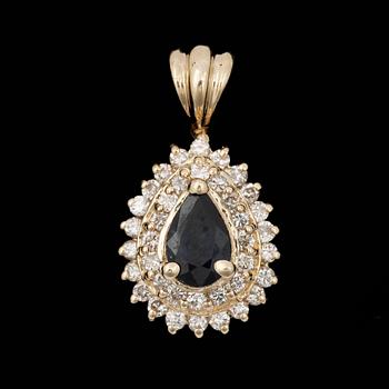 HÄNGE, 14k guld med droppformad safir ca5,7x3,8mm briljantslipade diamanter tot ca0,20ct. 2000-tal. Vikt 1,4g.