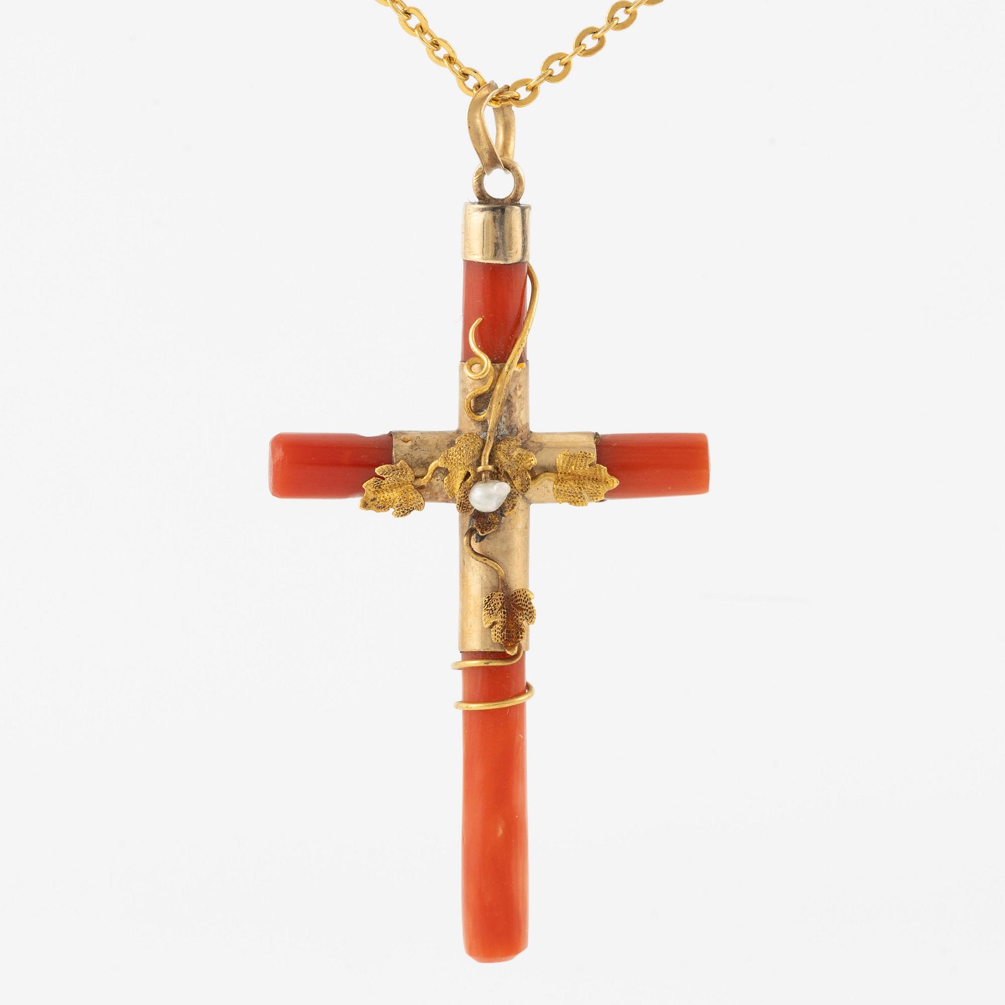 Pendant/cross in coral and 14K gold with a pearl.