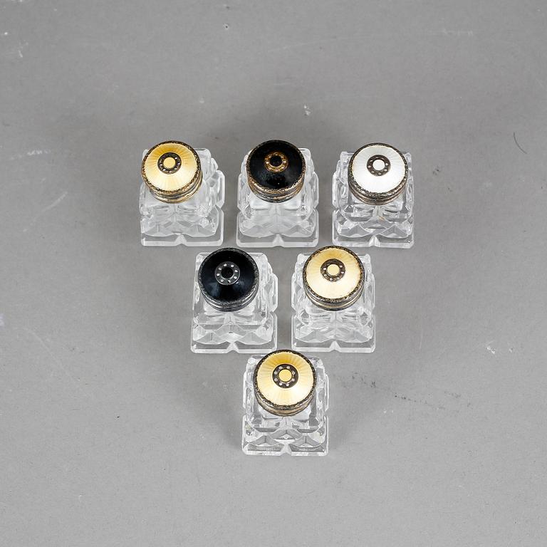 STRÖARE, 6 stycken, glas och emaljerat sterlingsilver, Norge, 1900-talets mitt.