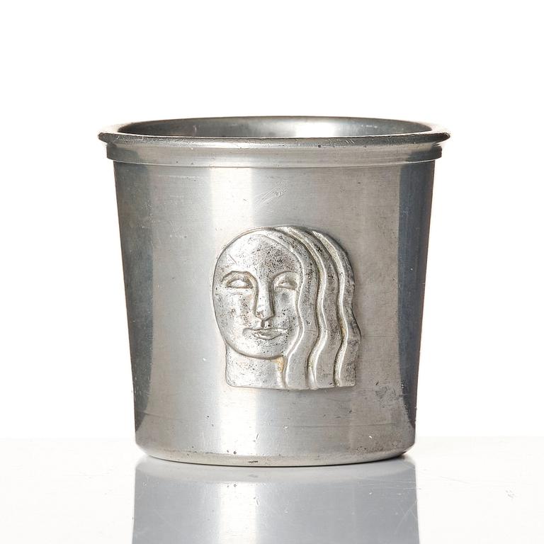 Firma Svenskt Tenn, a pewter matchbox case with beaker, models "38d" and "185a", with decor by Anna Petrus, Stockholm 1927-28.