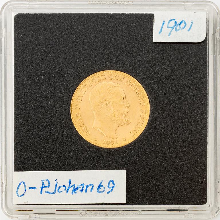 Guldmynt, Oscar II, 10 kronor, typ III, Sverige 1901.
