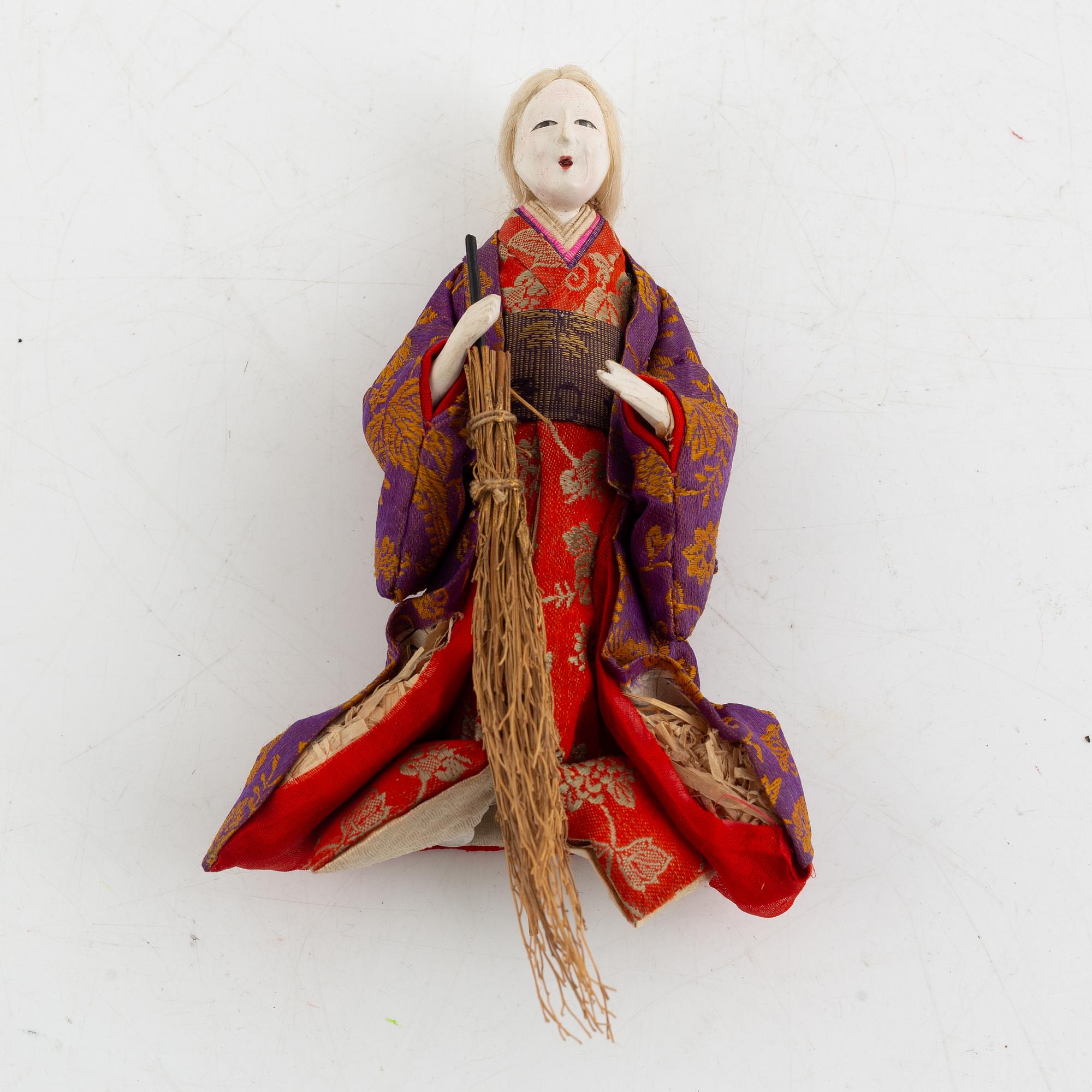 Doll, doll furniture, and table screen, Japan, wood, lacquer and paper, partly Showa, 20th century.