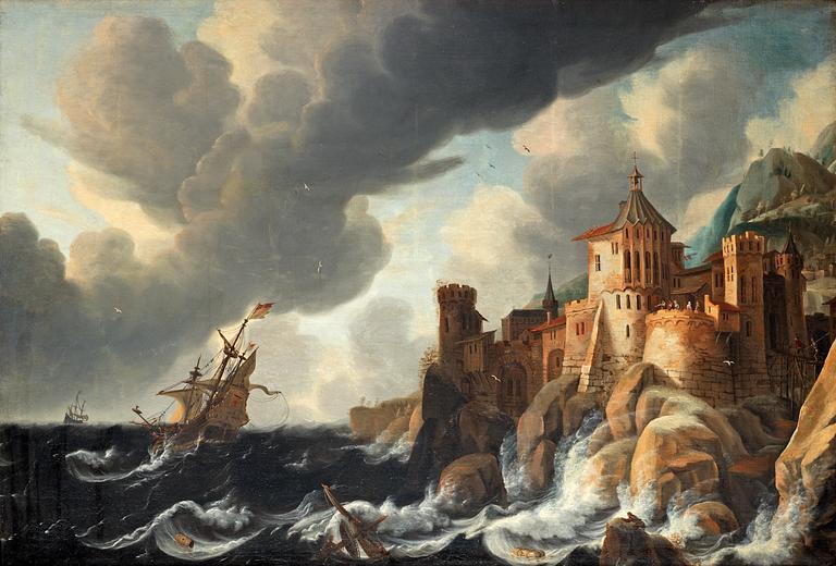 David Ludeking Attributed to, Ships outside an castle.