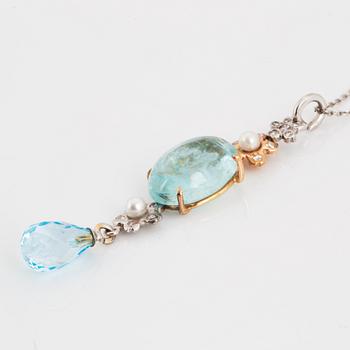 Cabochon-cut aquamarine, briolette-cut topaz, pearl and diamond necklace.
