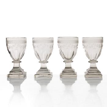A set of seven Gustavian wine glasses, Sweden, late 18th century.