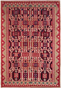 A flat weave bed cover, c. 182 x 126 cm, Gärds district, northeastern Scania, signed AO HID IOS, dated 1837.
