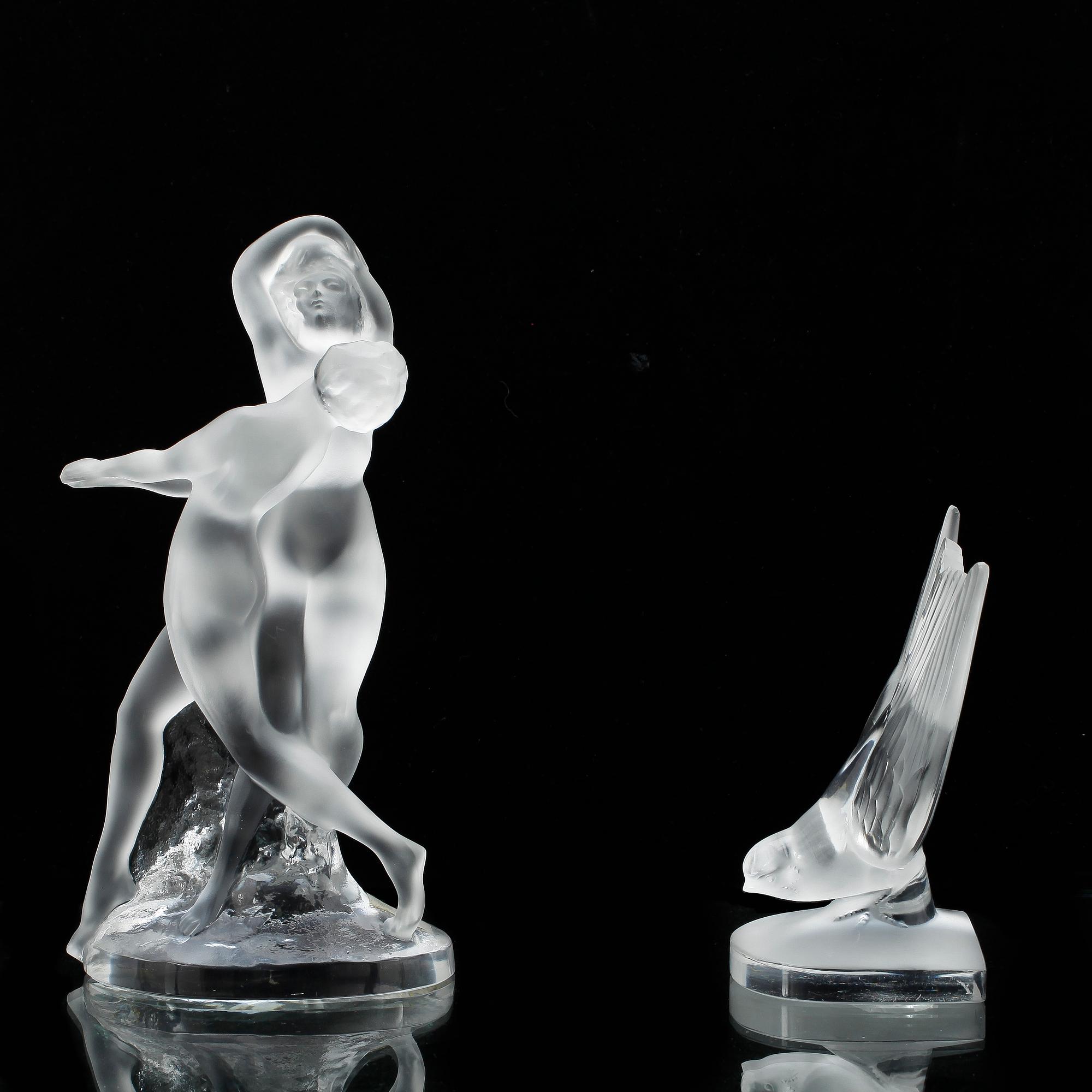 FIGURINER, 2 st, glas, signerad Lalique France.