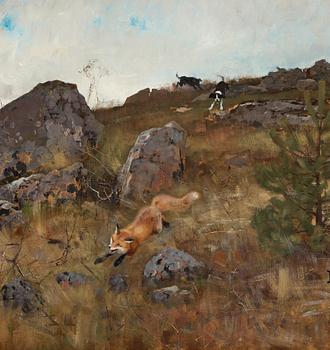 Bruno Liljefors, "Stövare jagande räv i höstlandskap" ("Fox Chased by Hounds").