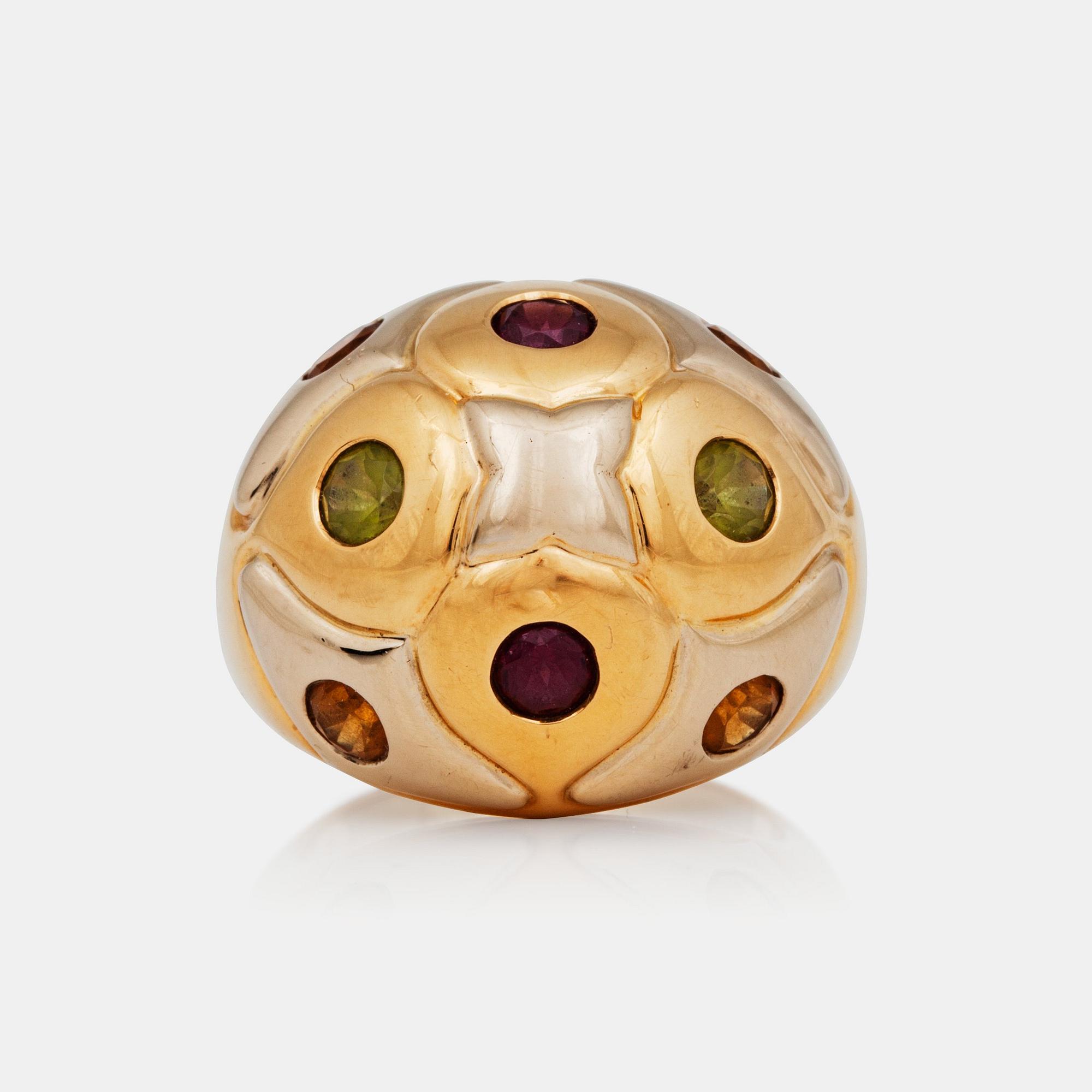 An amethyst, citrine, peridot and tourmaline ring, Bulgari, Italy.