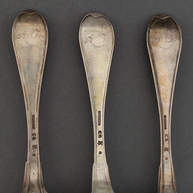 Five Swedish silver spoons, Ulfsberg, Nyköping 1797 and 1811.