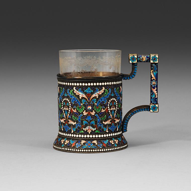 A Russian 19th century silver-gilt and enamel tea-glass holder, unidentified makers mark, Moscow 1880's.