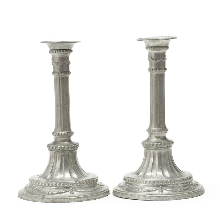 A pair of Gustavian pewter candlesticks by Jacob Sauer, Stockholm 1784.