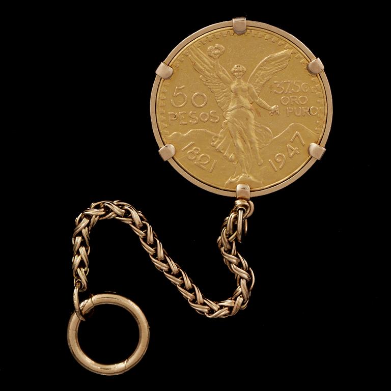 NYCEKLRING/MYNT, 18k och högkaratigt guld, 50 pesos, 1949-1972. Vikt ca60,9g.