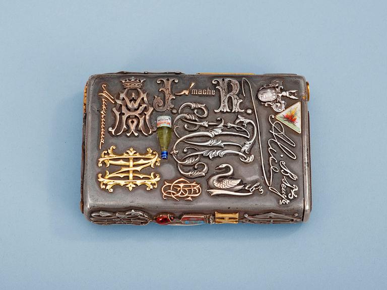 A CIGARRETTE Russian 19th century parcel gilt and enameld cigarette-case, makers mark of Michael Isakov, S.t Petersburg.