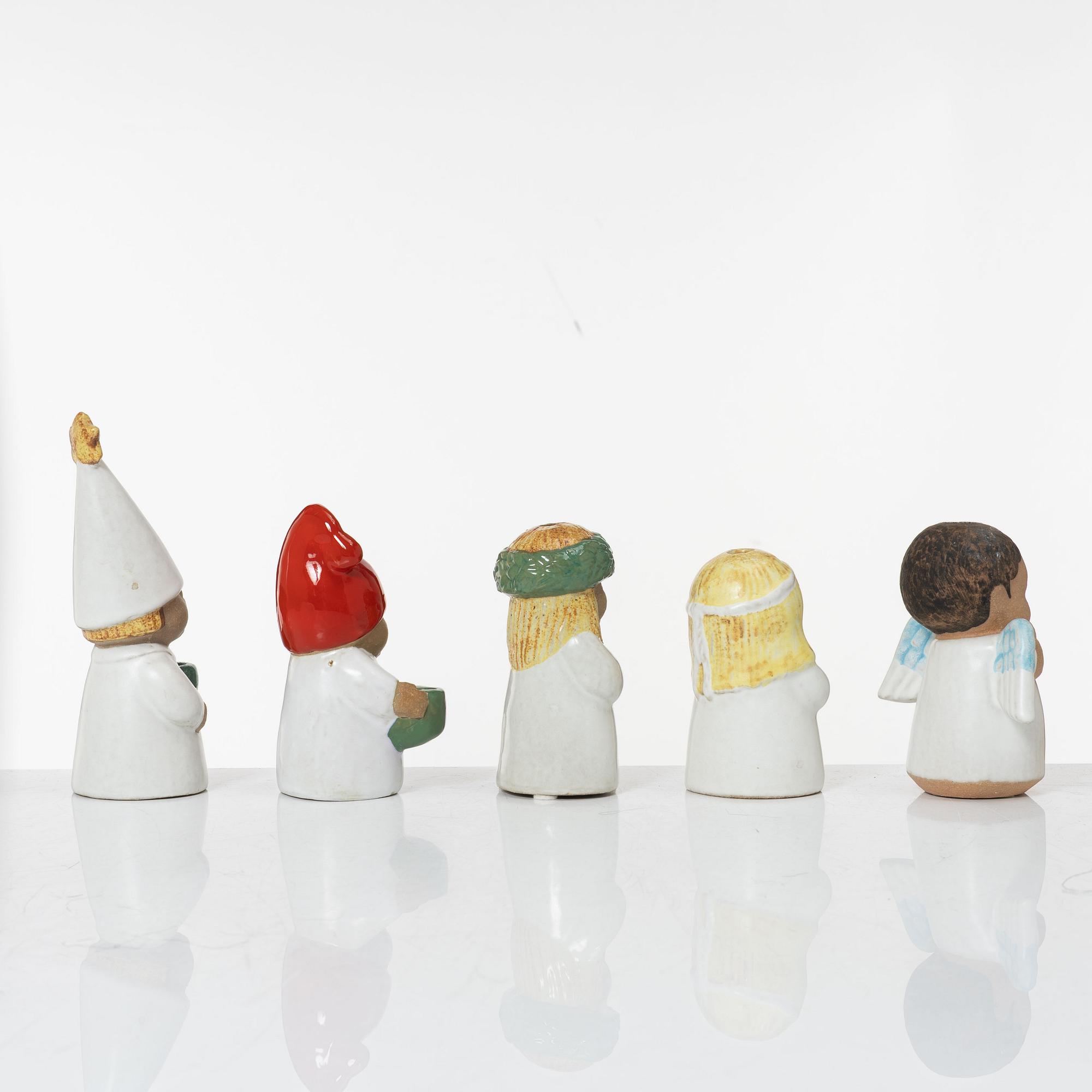 Lisa Larson, a set of five stoneware figurines, including from the series 'Adventsbarn', Gustavsberg.