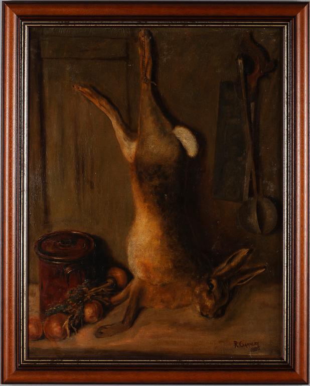R CHARNLEY, olja på pannå, signerad och daterad 1885, England.