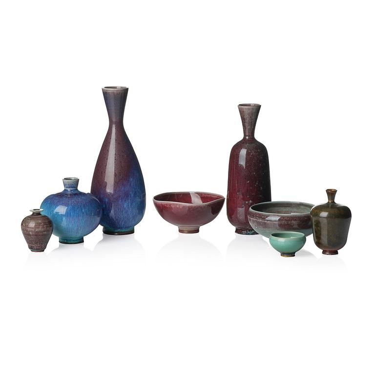 Berndt Friberg, a set of five stoneware vases and three bowls, Gustavsberg Studio 1969-76.