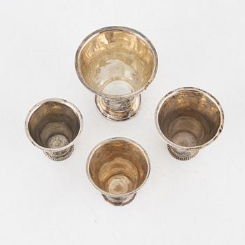 Four Swedish silver miniature beakers, 18th/19th century.