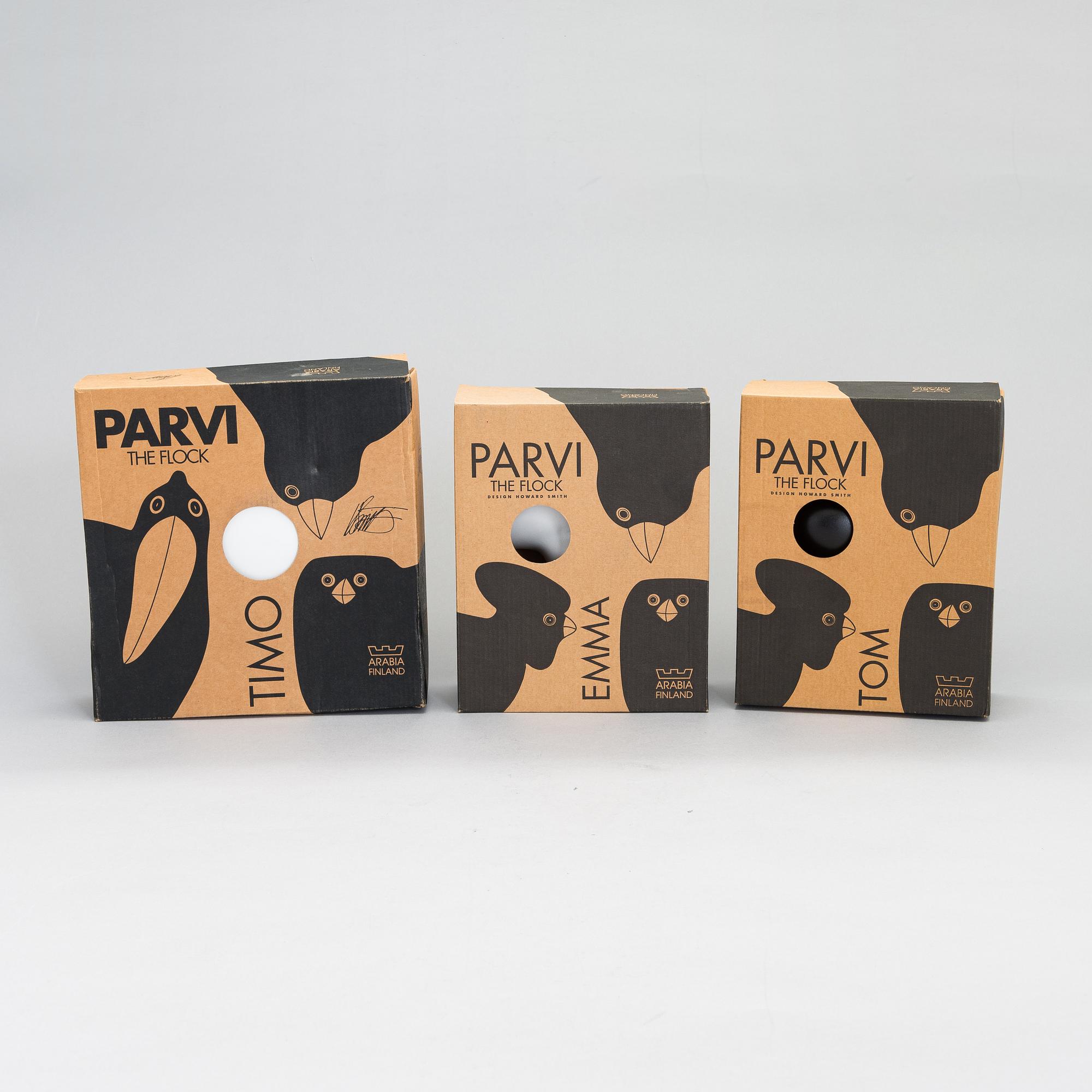 Howard Smith, figuriineja, 3 kpl, keramiikkaa, sarjasta Parvi, Arabia 1900-luvun loppu.