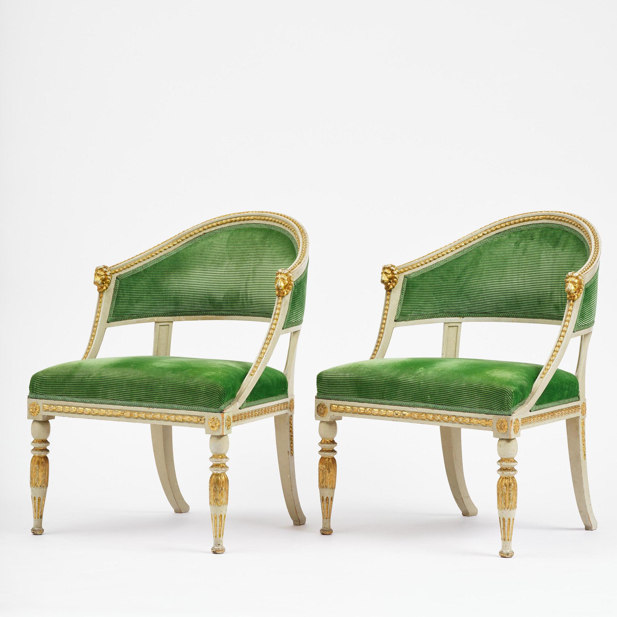 A pair of late Gustavian open armchairs, Stockholm, late 18th century.