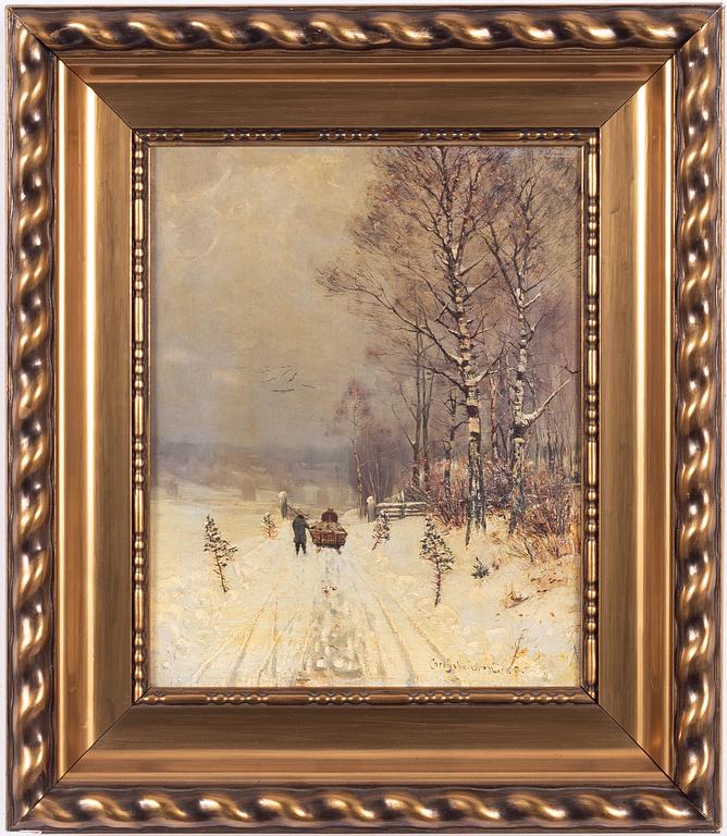 Carl Johansson, Winter landscape with horse and carriage.