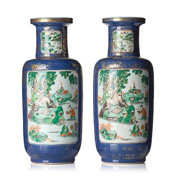 1057. A pair of famille verte and powder blue 'roleau' vases, late Qing dynasty.