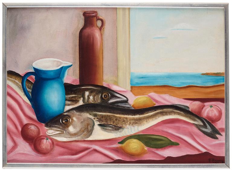 Still life with fish and lemons.