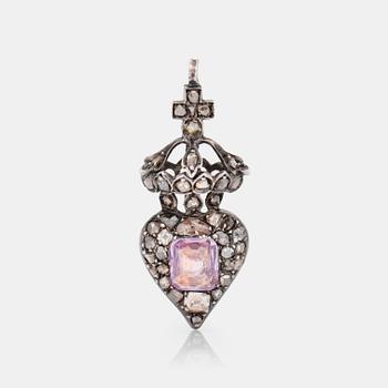 641. A possibly 18th century pink topaz, circa 3.65 ct, and table- and rose-cut diamond pendant.