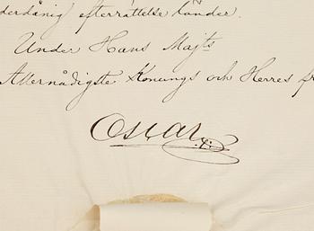 KUNGLIGA AUTOGRAFER, 2 st, av Konung Oscar II i egenskap av riksföreståndare resp Konung Gustav V, dat 1867 resp 1911.