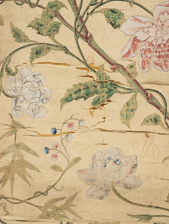 TAPETVÅDER, fyra stycken. Färg och tusch på papper uppfodrat på siden. Qingdynastin, 1700-tal.