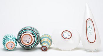 Three Stig Lindberg faience vases and two dishes, Gustavsberg studio 1940's-50's.