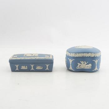 A collection of boxes, plates, etc. 8 dlrs, mostly Wedgwood England 20th century jasperware.