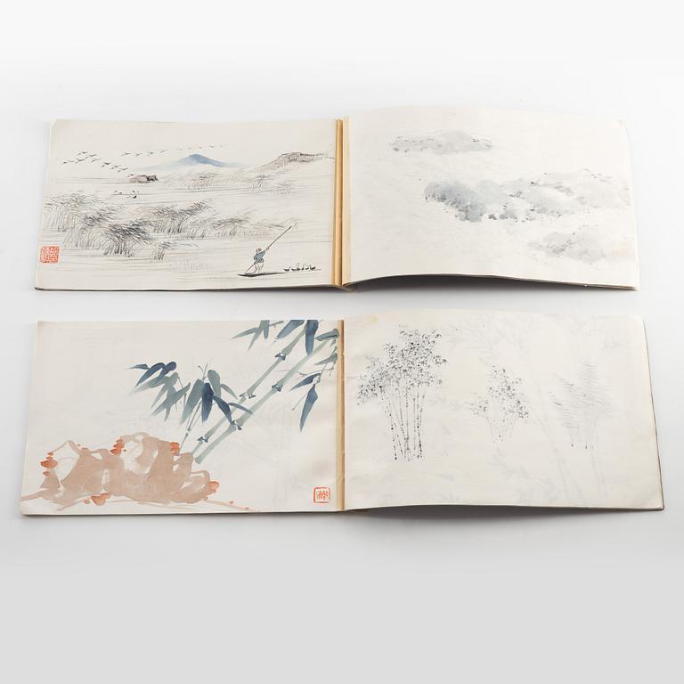 Two Chinese books with ink wash paintings, two ink drawings on paper, artists seals Hu Xihe and Na Wufu, 20th century.