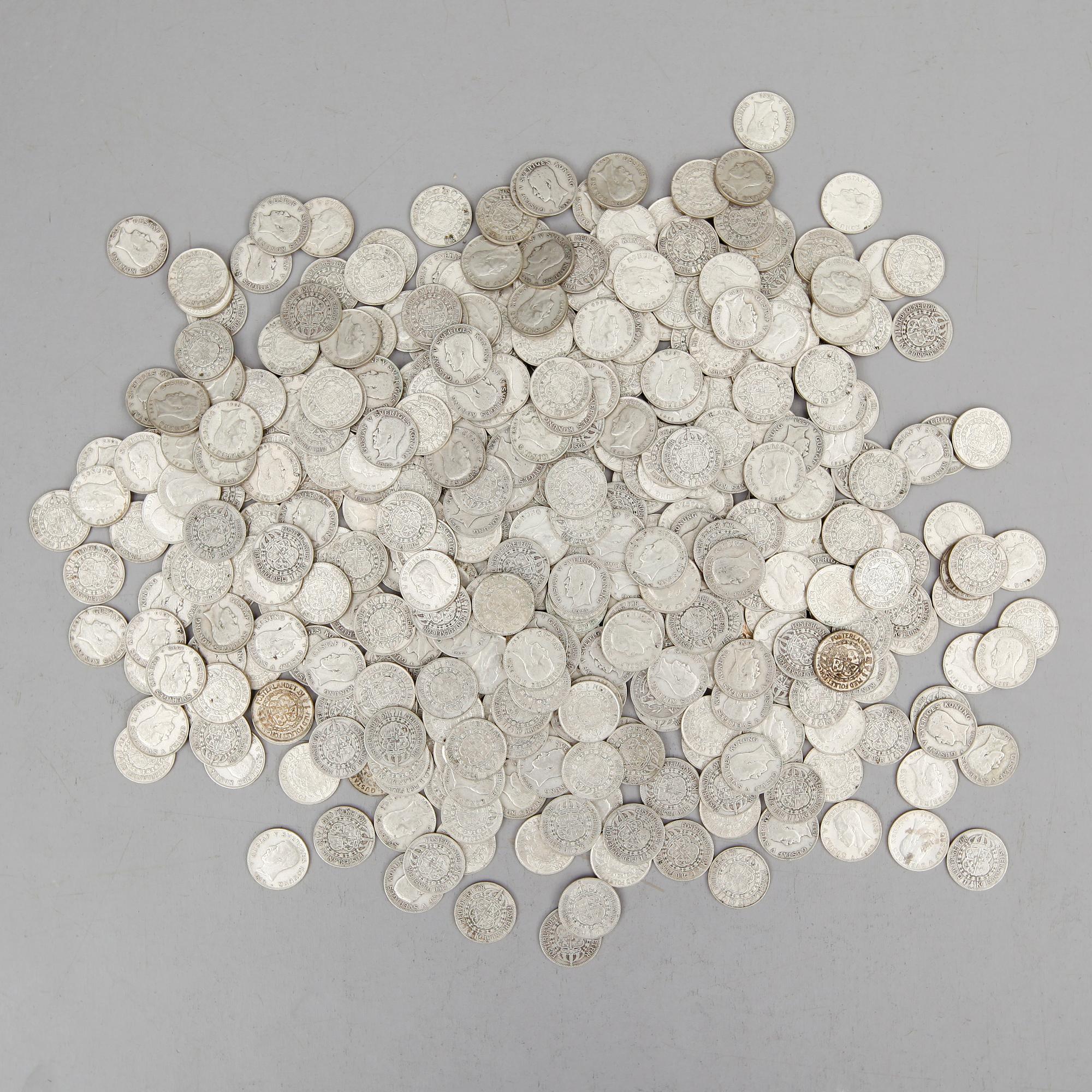 SAMLING SILVERMYNT, enkronor, Gustaf V, 1910-1941. Vikt ca 3000 gram.