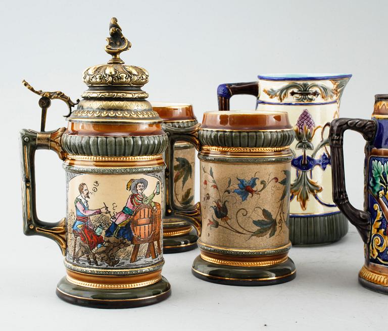 Three majolica jugs from Rörstrand and three majolica pitchers from late 19th century.