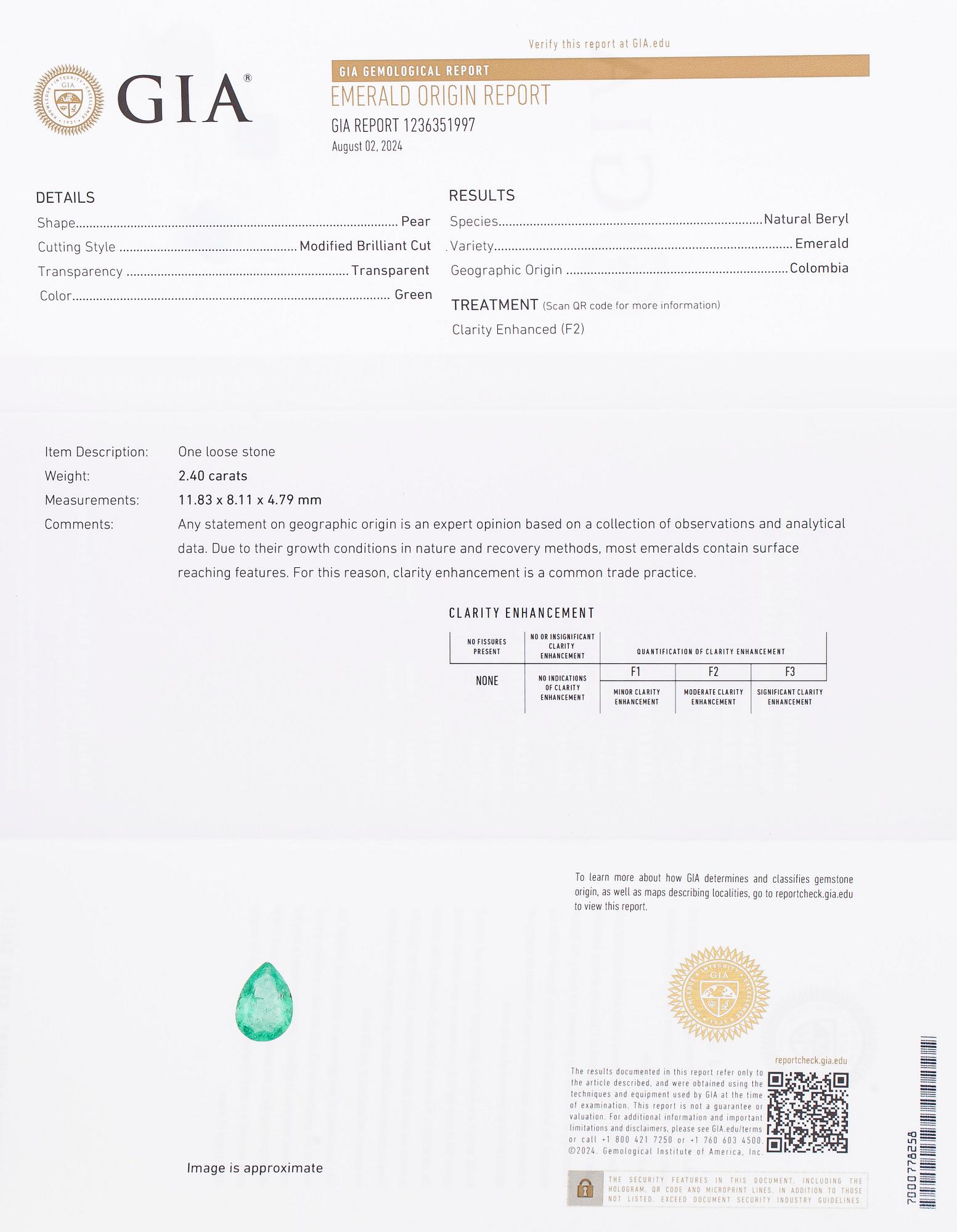 Ring, 14K gold with pear-cut Colombian emerald and diamonds. Accompanied by GIA report.