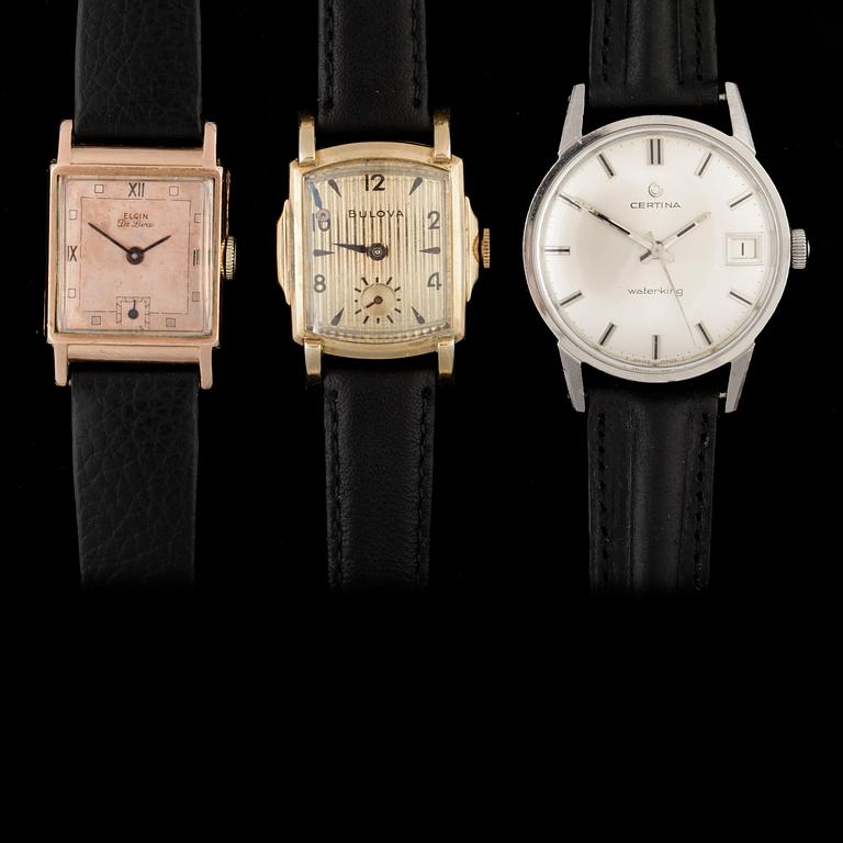 ARMBANDSUR, herr, 3st, Certina stål 1960-tal, Elgin doublé, 1920/30-tal, Bulova doublé, 1930/40-tal.