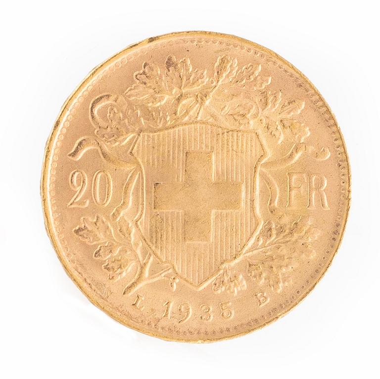 Guldmynt, Schweiz, 20 Franc, 1935 LB.