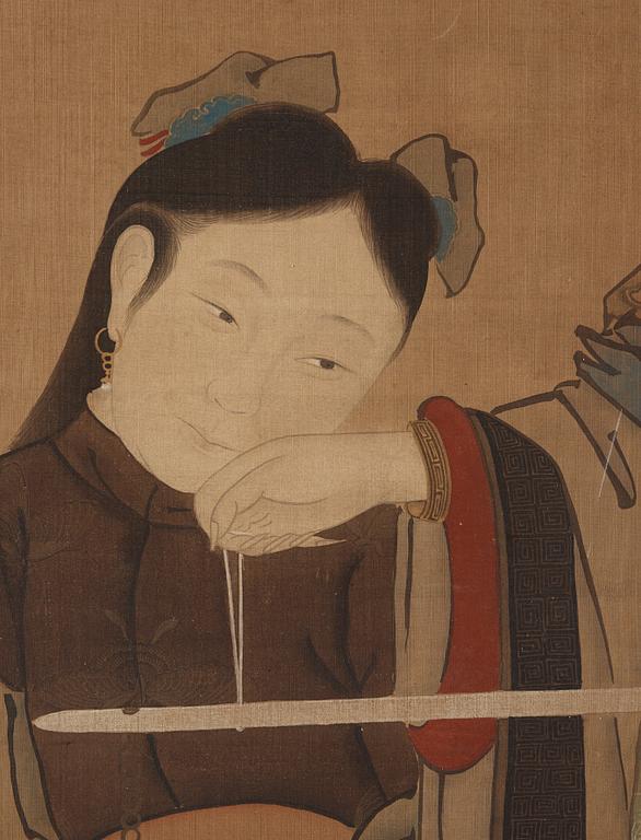 RULLMÅLNING, dam och tjänarinna med en våg, i Qiu Yings stil (c. 1494-1551), sen Qingdynastin (1644-1912).