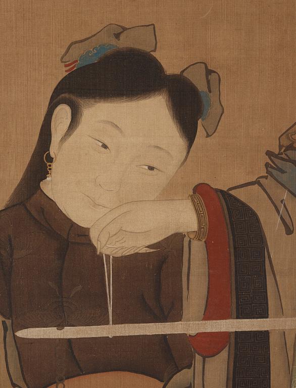 A hanging scroll of a lady and maid with a scaler, in the style of Qiu Ying (c 1494-1551) late Qing dynasty (1644-1912).