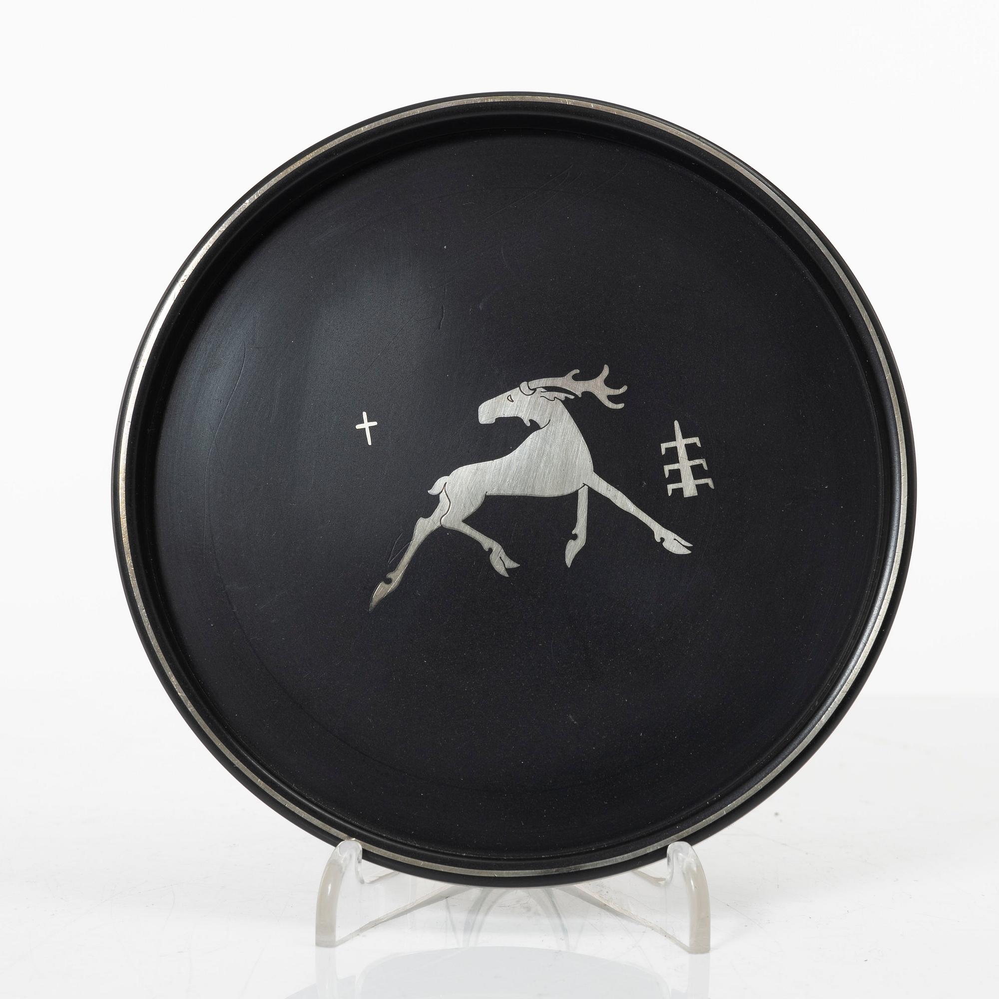 Five dishes, and one box with gaming chips, isolite with silver decor, Perstorp, Sweden, mid-20th century.