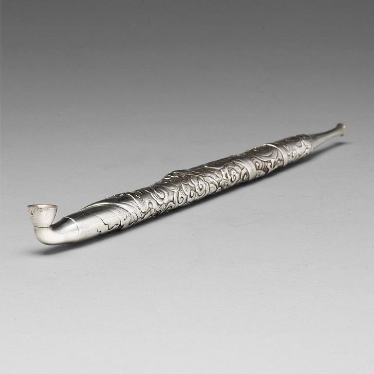 A Japanese silver opium pipe, Meiji period (1868-1912).