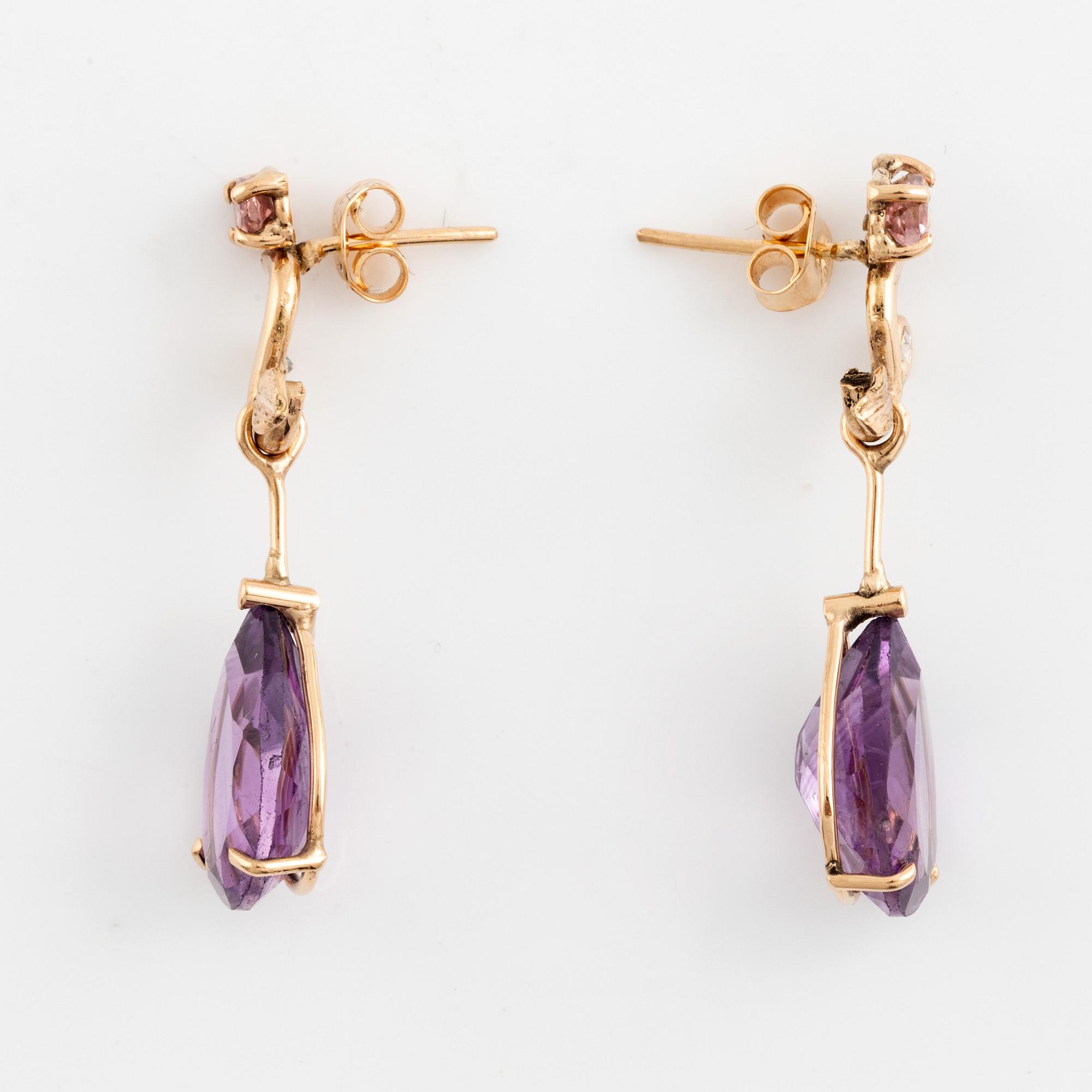 Pear shaped amethyst, pink tourmaline and brilliant cut diamond earrings.